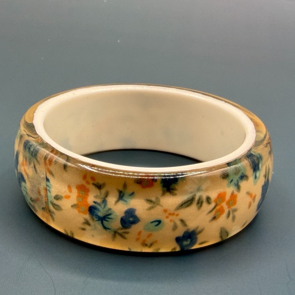 Floral Acrylic Bangle Bracelet Cream Blue Orange Wide Chunky Boho Vintage Style